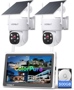 Solar Security Cameras Wireless Outdoor with 10'' Monitor, 2pcs 2K Solar Powered Camera System, 360° PTZ, Color Night Vision,Human Detection,10CH NVR