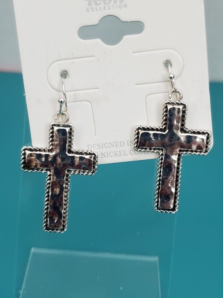 Silver Tone Hammered Metal Cross Pierced Earrings