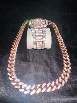 Iced out Rose gold chain & watch
