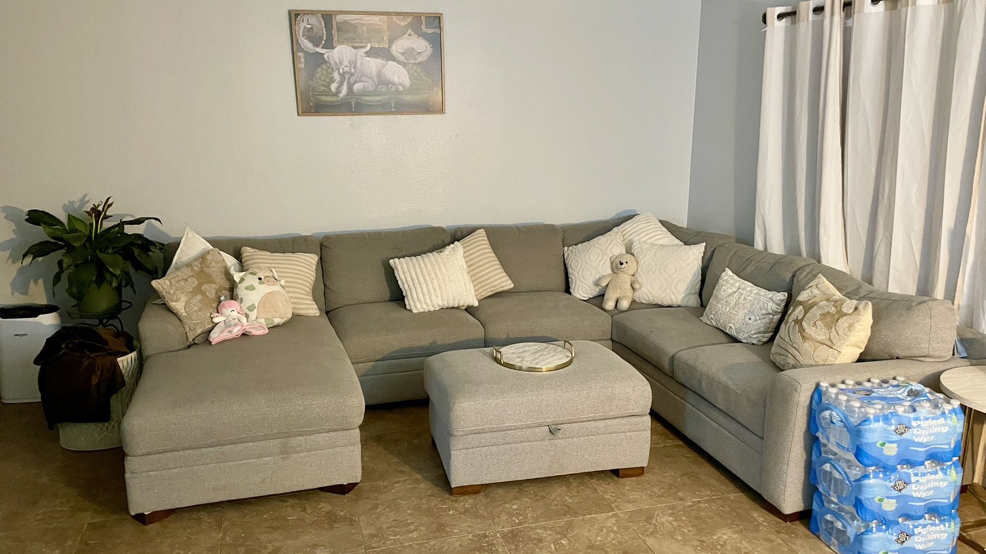 Gray Sectional Couches & Ottoman (Decorations Not Included)