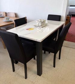 Stylish‼️ 5-pc dining table set white faux marble table top & black upholstered chairs