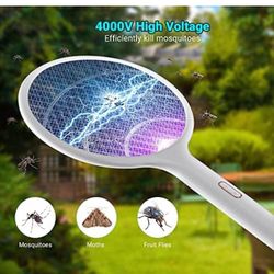 Electric Fly Swatter 3000V Bug Zapper Racket 2 in 1 Fly Swatter with 1200mAh Battery Rechargeable Mosquito Killer Lamp with 3 Layers Safety Mesh for I