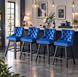 Blue Swivel Bar Stools, Velvet Counter Height Bar Stools Set of 4 360° Swivel Bar Chairs, Solid Wood Legs, Upholstered Kitchen Island Stools, Modern E