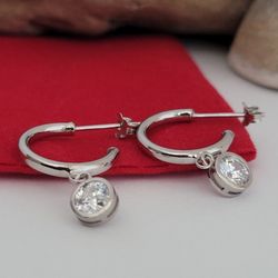 ❤️ Sterling Silver Cubic Zirconia Round Drop Hoop Earrings 
