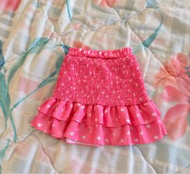 Pink Heart Print Smocked Ruffle Mini Skirt