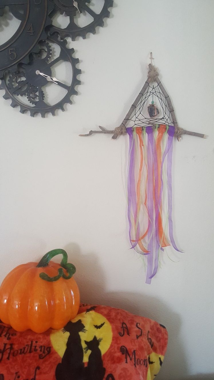 Handmade halloween witch hat inspired dreamcatcher protective black tourmalune crystal wall hanging