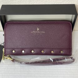 London Fog 100th Anniversary Samantha Studded Plum Zip-Around Wristlet Wallet