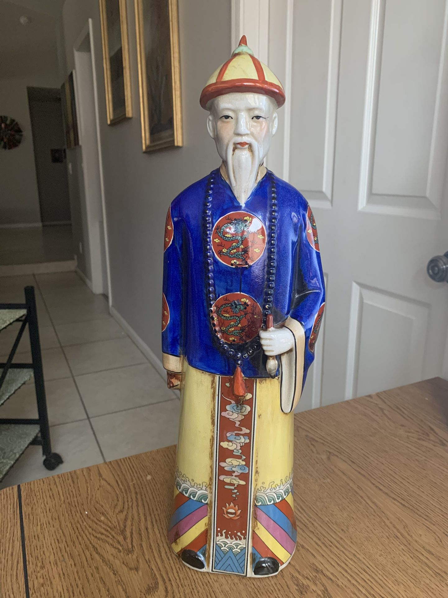 Vintage Lg Chinese 19" Chinese Man Figurine Statue Hand Painted Dragon Outfit