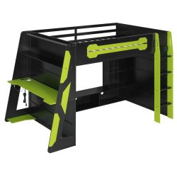 Full Size Wood Loft Bed with Desk, Multi-storage Shelves and RGB Light, Green