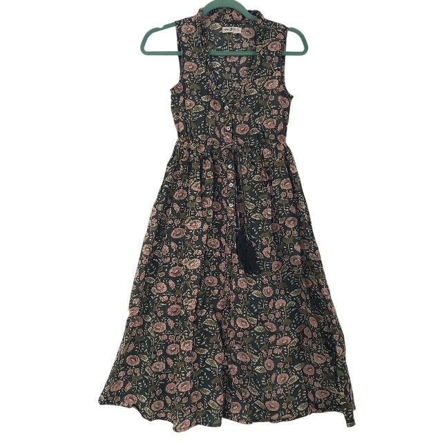 NATURAL LIFE Olive Green Floral Midi Sleeveless Dress Size XS 100% Cotton