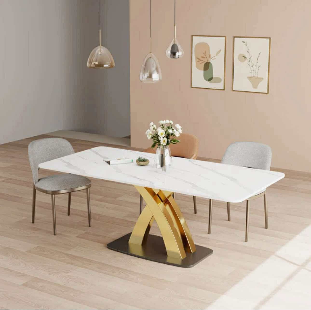 Very Modern Rectangular White Sintered Stone Dining Table, Gold X Legs,for 4-6 person