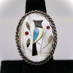 Vintage Zuni Sterling Silver Inlay Multi Stone Bluejay Bird Ring Size 7 1” X 1 1/3”