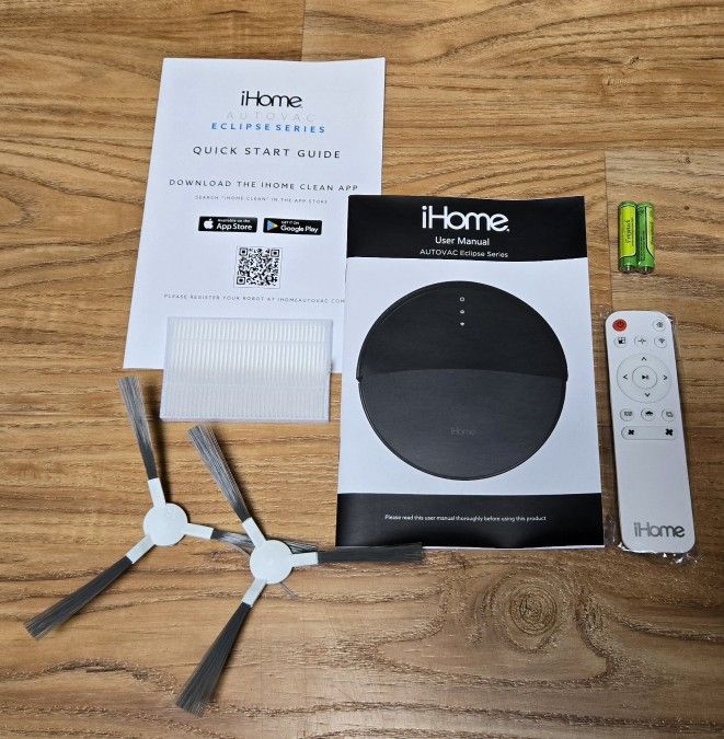 OEM Remote, Owners Manual, Side Brush, Filter iHome iHRV1-WHT AutoVac Eclipse