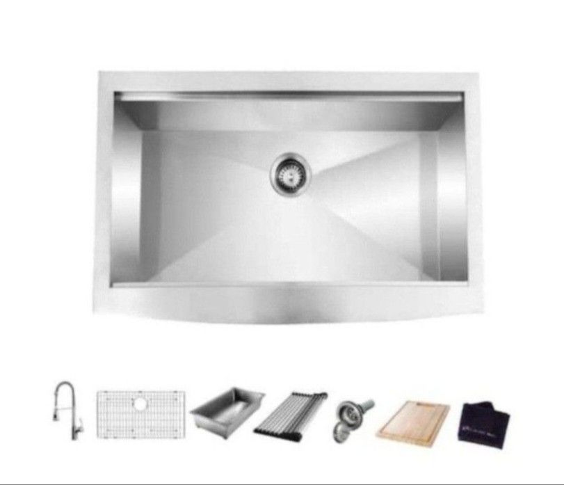 Glacier Bay Zero Radius Farmhouse Apron-Front 18G Stainless Steel 33 in. Single Bowl Workstation Kitchen Sink, Spring Neck Faucet
