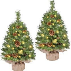 2Pcs Pre-lit Artificial Mini Christmas Tree, 2ft Tabletop Small Xmas Tree w/12 Pinecones, 35 Warm White LED Lights, Cement Base, Battery-Operated Chri