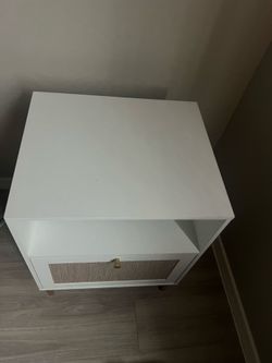 White Boho Nightstand / Side Table — Rattan Door, Gold Hardware