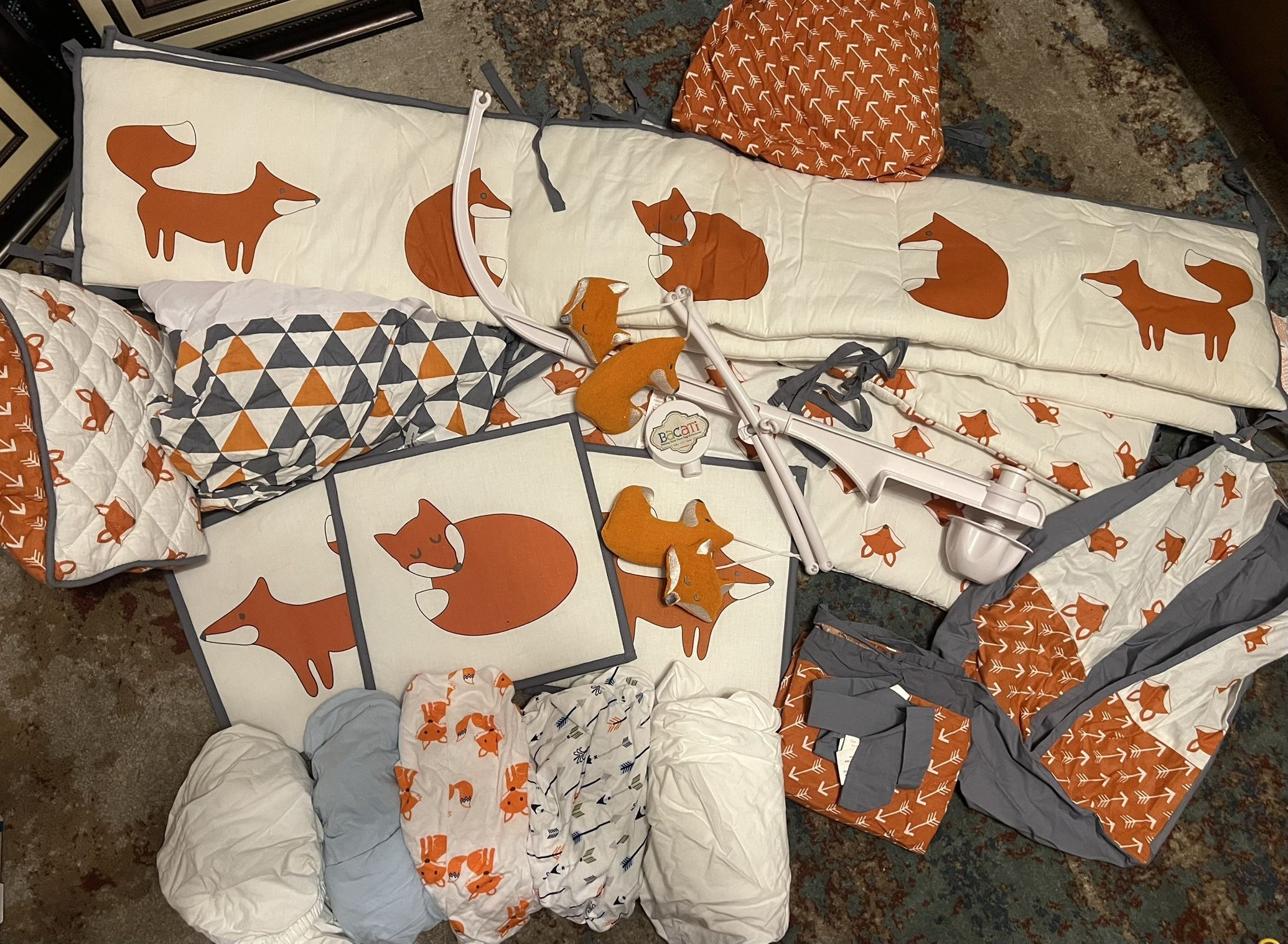 Bacati Playful Fox Orange Gray 17pc Crib Bedding Set & Changing table cover & More 