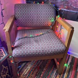 Mid Century Modern Wooden Chair With Patterned Upholstery 