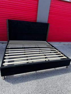 KING Black Upholstered Platform Bed Frame with Wingback Headboard