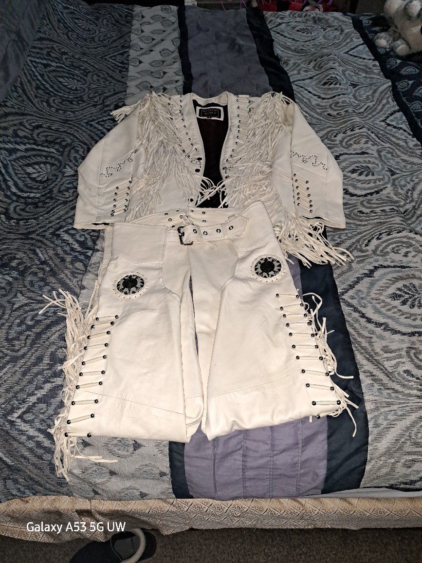 Woman's White Leather Native Jacket With Matching Chaps. 