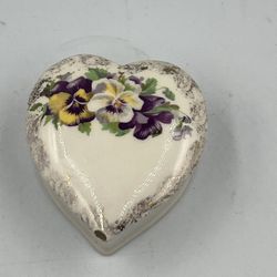 Vintage Heart Shaped Porcelain Box Hand painted Floral Trinket  Box 
