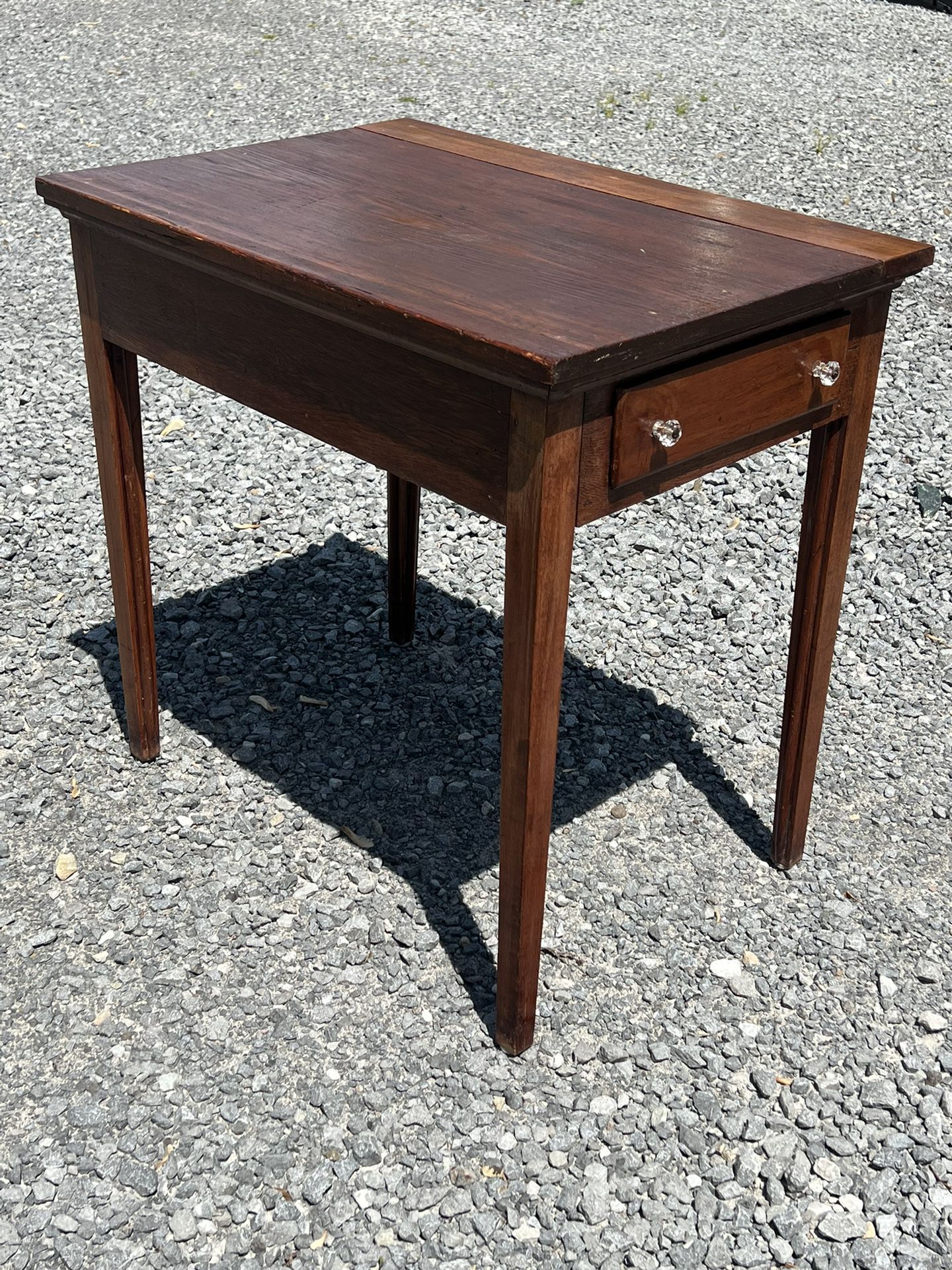 Antique primitive wooden table with 2 crystal knob drawers