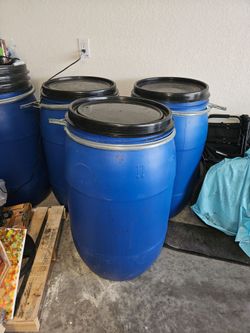 55-Gallon Plastic Storage Barrels – $25 Each