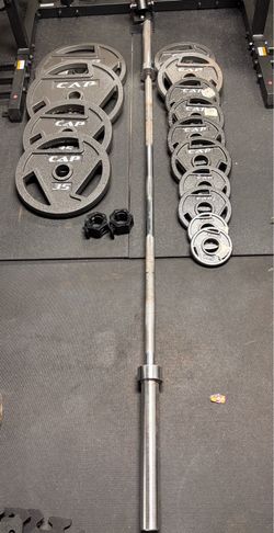 7ft Olympic Barbell, weight set, and barbell Clips