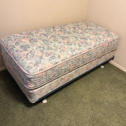 Twin Bed Mattress and Box Spring AND metal frame with wheels READ DESCRIPTION SEE PHOTOS  Grandeur Chiropractic Luxury Firm Super clean except 1 stain