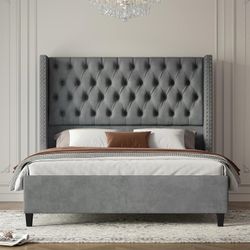 Queen Size Bed Frame Velvet Upholstered Platform Bed with 51.6" Tall Wingback Headboard Deep Button Tufted, No Box Spring Needed, Light Grey