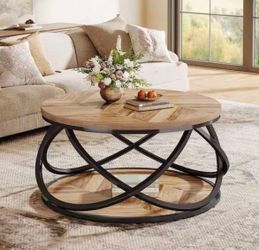 31.5” Brown Round Wood Coffee Table with Metal Frame, 2-Tier Living Room Accent Center Table