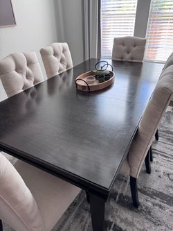6-Person Dining Table + 6 Upholstered Tufted Chairs