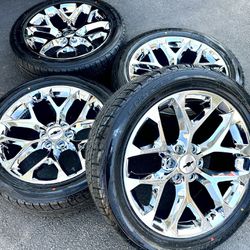 New 22 Inch Chrome Snowflake Wheels Rims And Tires 285/45/22 Hablo Español Fit Most GM Trucks And SUV Silverado 1500 Tahoe Suburban Avalanche $2,200