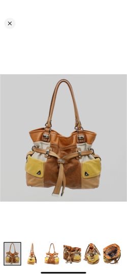 B Makowsky Brown Yellow Tan Leather Satchel Tote Shopper Shoulder Hand Bag NWOT