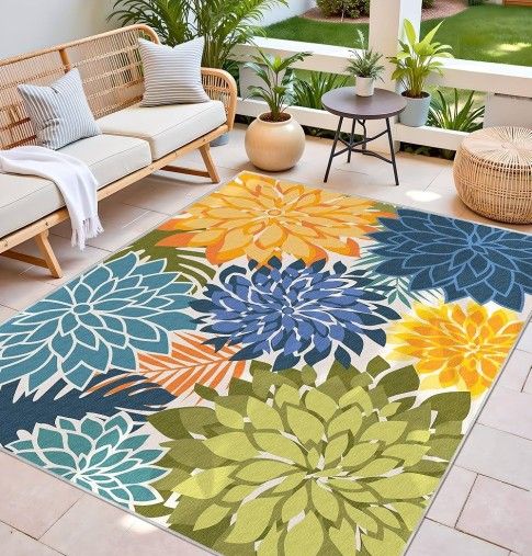 8x10 Indoor Outdoor Area Rug Washable Multicolored Patio Rug Tropical Botanical Modern Floral Indoor Outdoor Carpet Non Slip Yellow Green Rug Non Shed