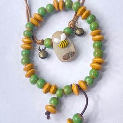 Ceramic, Wood, & Stone Beaded Necklace & Bracelet Set | Bee Charm With Bells | Boho Style Jewelry