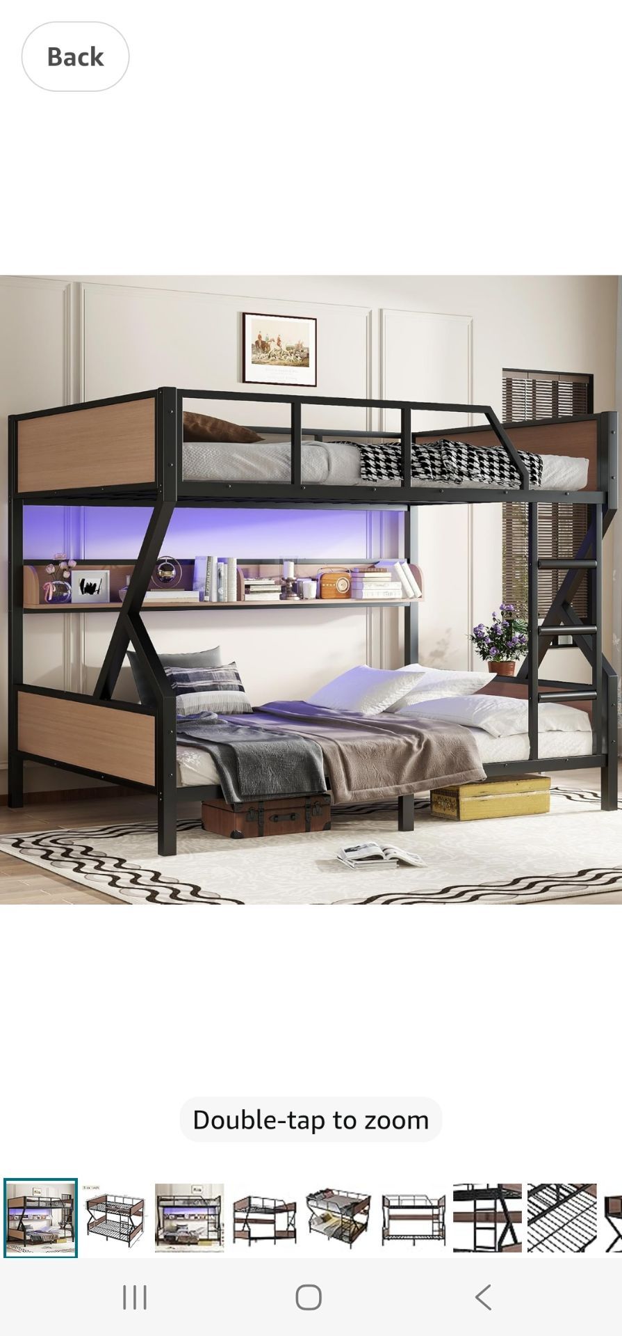 Bellemave Queen Over Queen Size Bunk Bed Frame with Storage Shelves and LED Lights,Heavy Duty Adult Bunk Beds with Angled Ladder,Metal Queen Bunk Bed,