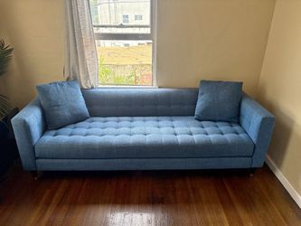 Living Spaces Tate V Estate Sofa - 92" Blue MCM - Easy Garage Pickup $250