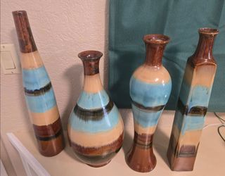 Set of 4 Large Ceramic Decorative Vases – Turquoise, Brown & Cream