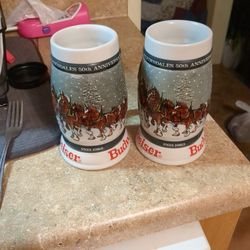 Set Of 2 50th Anniversary Budweiser Holiday Stein