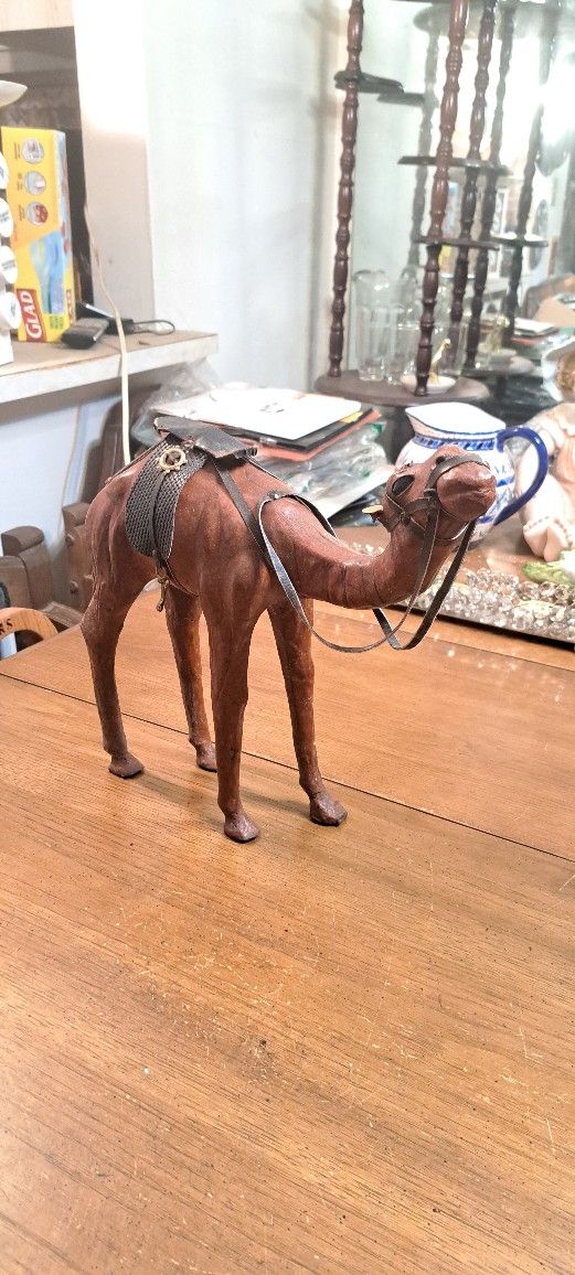 Vintage Large Leather Wrapped Camel Figurine W/Saddle & Reins 12.5"H X 13"L