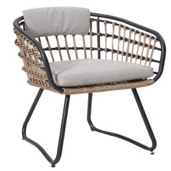 Outdoor Wicker Dining Chairs Set of 2, Patio Dining Chairs with Beige Cushions, Rattan Dining Armchairs