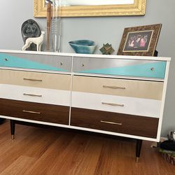 Mid Century Modern Atomic Modern Restyled 54” Six Drawer Dresser 