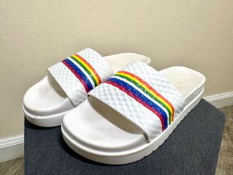 Michael Kors White Rainbow Stripe Slide Sandals