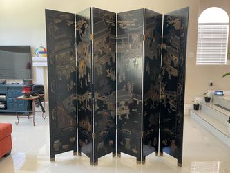 84” Shimmer Room Devider Japanese Scenery Double Sided Handmade Solid Wood