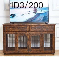 Dog Crate Furniture with 5 Doors, 58" Wooden Dog Kennel End Table with Large Capacity Drawers, Dog House with Openable Divider for Small/Medium/Large 