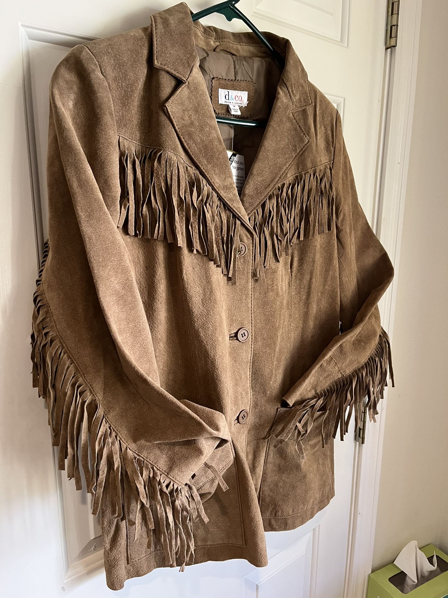 New With Tags, Denim & Co Leather Western Fringe Jacket