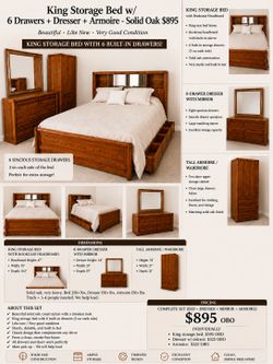 Solid Oak King Storage Bed Set w/ 6 Drawers + Dresser + Armoire $895 OBO Like New