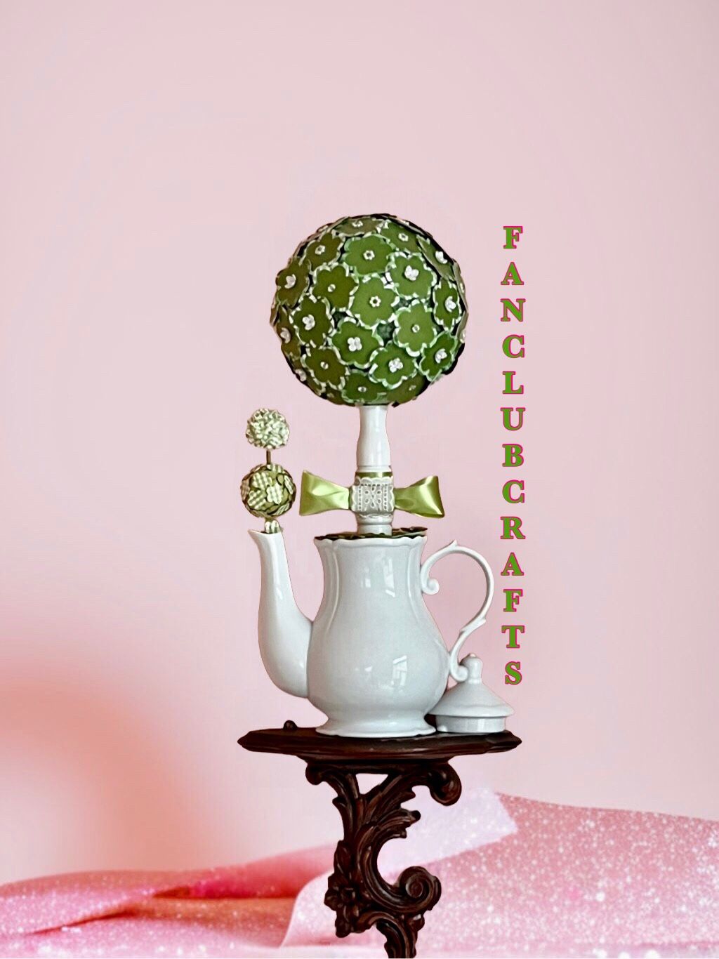 White Ceramic Teapot & Lid with Paper Flower Topiaries