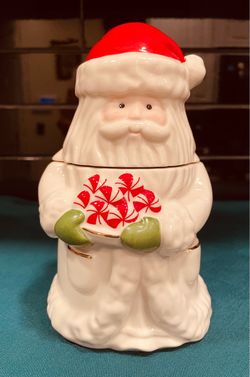 Vintage Lenox Peppermint Santa treat jar with red hat and green mittens
